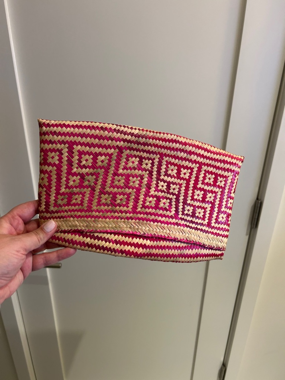 Woven Straw Clutch Bag in Pink and Natural